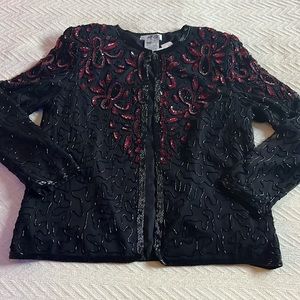 Vintage Beaded Jacket Sequins Black Red  Valentine Medium NWT